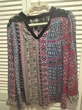 new directions Multicolor Patchwork V-Neck Long Sleeve Top with Lace Yoke